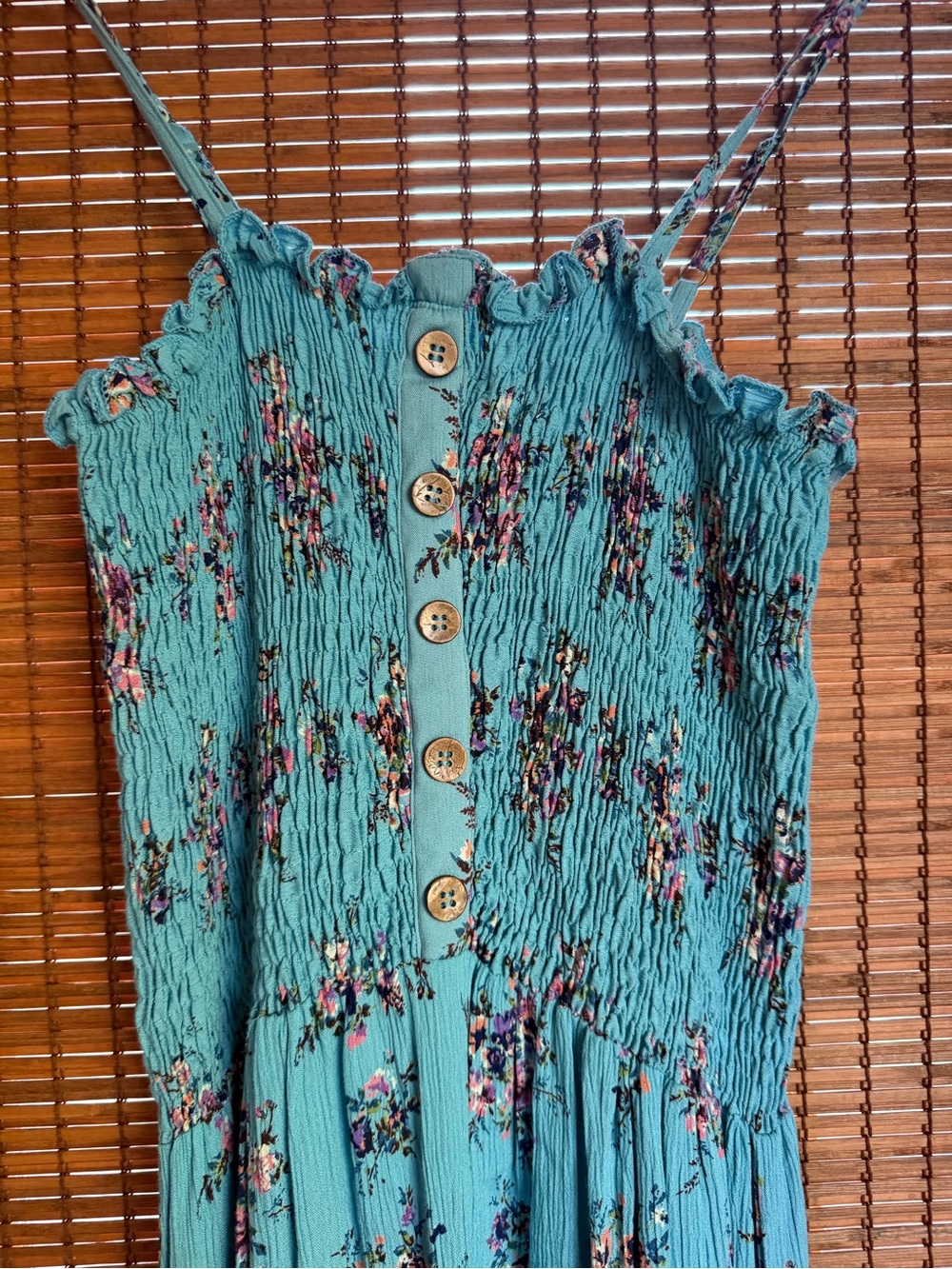 Vintage Angie Turquoise Floral Smocked Cottagecore Midi Dress M - Picture 3 of 9